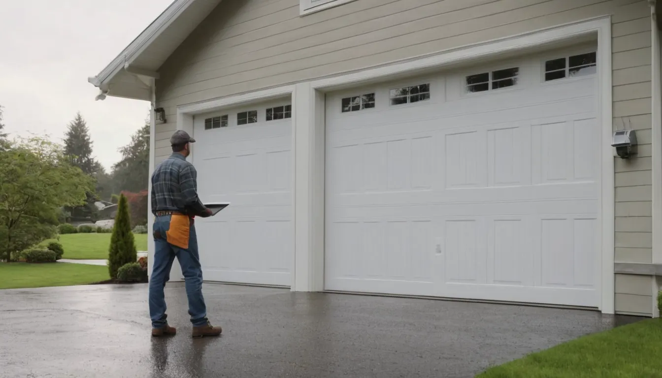 Homeowner checking an attached garage door from the driveway in Parma